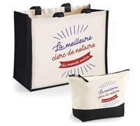 Duo Trousse et Cabas Jute Noir Clerc de Notaire Meilleure du Monde Entier | Sac de Courses Pochette Maquillage Cadeau Femme Anniversaire Shopping