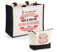Duo Trousse et Cabas Jute Noir Clerc de Notaire Superwoman | Sac de Courses Pochette Maquillage Cadeau Femme Anniversaire Shopping