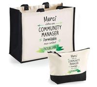 Duo Trousse et Cabas Jute Noir Community Manager Inoubliable | Sac de Courses Pochette Maquillage Cadeau Femme Anniversaire Shopping