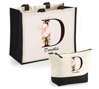 Duo Trousse et Cabas Jute Noir Dorothée Lettre Fleur | Sac de Courses Pochette Maquillage Cadeau Femme Anniversaire Shopping