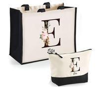 Duo Trousse et Cabas Jute Noir Ella Lettre Fleur | Sac de Courses Pochette Maquillage Cadeau Femme Anniversaire Shopping
