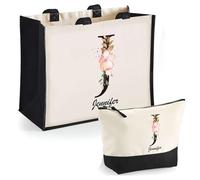 Duo Trousse et Cabas Jute Noir Jennifer Lettre Fleur | Sac de Courses Pochette Maquillage Cadeau Femme Anniversaire Shopping