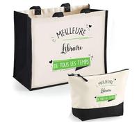 Duo Trousse et Cabas Jute Noir Libraire Meilleure de Tous Les Temps Femme | Sac de Courses Pochette Maquillage Cadeau Femme Anniversaire Shopping