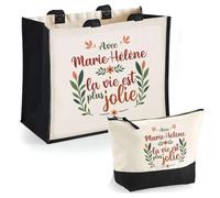 Duo Trousse et Cabas Jute Noir Marie-Hélène la Vie est Plus Jolie | Sac de Courses et Pochette Maquillage Cadeau Femme Shopping Anniversaire Noël