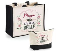 Duo Trousse et Cabas Jute Noir Maya la Plus Belle | Sac de Courses et Pochette Maquillage Cadeau Femme Shopping Anniversaire Noël