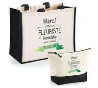 Duo Trousse et Cabas Jute Noir Merci Fleuriste Inoubliable Femme | Sac de Courses Pochette Maquillage Cadeau Femme Anniversaire Shopping