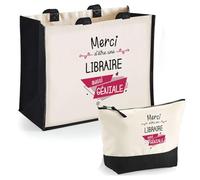 Duo Trousse et Cabas Jute Noir Merci Libraire Géniale | Sac de Courses Pochette Maquillage Cadeau Femme Anniversaire Shopping