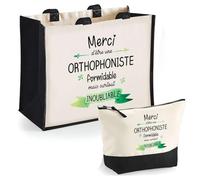 Duo trousse et cabas jute noir Merci Orthophoniste Inoubliable | Sac de courses Pochette Maquillage Cadeau Femme Anniversaire Shopping