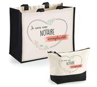 Duo Trousse et Cabas Jute Noir Notaire Irremplaçable | Sac de Courses Pochette Maquillage Cadeau Femme Anniversaire Shopping
