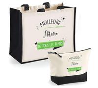 Duo Trousse et Cabas Jute Noir Notaire Meilleure de Tous Les Temps Femme | Sac de Courses Pochette Maquillage Cadeau Femme Anniversaire Shopping
