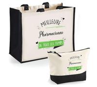 Duo Trousse et Cabas Jute Noir Pharmacienne Meilleure de Tous Les Temps Femme | Sac de Courses Pochette Maquillage Cadeau Anniversaire Shopping