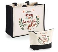 Duo Trousse et Cabas Jute Noir Romy la Vie est Plus Jolie | Sac de Courses et Pochette Maquillage Cadeau Femme Shopping Anniversaire Noël