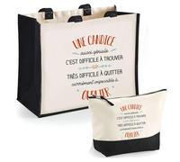 Duo Trousse et Cabas Jute Noir Une Candice Aussi géniale | Sac de Courses Pochette Maquillage Cadeau Femme Anniversaire Shopping