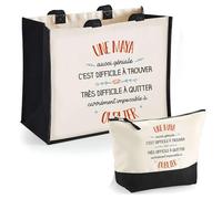 Duo Trousse et Cabas Jute Noir Une Maya Aussi géniale | Sac de Courses Pochette Maquillage Cadeau Femme Anniversaire Shopping