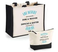 Duo Trousse et Cabas Jute Noir Une Notaire Formidable | Sac de Courses Pochette Maquillage Cadeau Femme Anniversaire Shopping
