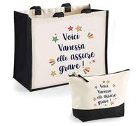 Duo trousse et cabas jute noir Vanessa elle assure grave ! | Sac de courses et Pochette Maquillage Cadeau Femme Shopping Anniversaire Noël