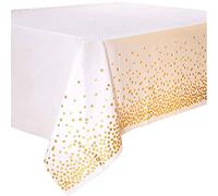 Duocute 4PCS Nappe de Table de Fête Blanc et Or Jetable pour Table Rectangulaire, Couverture de Table en Plastique Confettis Dorés, pour Douche Nuptiale, Fiançailles, Mariage, 137 cm x 274 cm