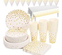 Duocute Vaisselle de Anniversaire Blanche Or 99pcs Vaisselle de Fete Set Assiette en Papier Serviette Tasse Nappe Banner pour Anniversaire, Mariage, Réveillon du Nouvel An, Bridalshower-24 Invités