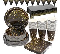 Duocute Vaisselle de Anniversaire Noire Or 99pcs Vaisselle de Fete Set Assiette en Papier Serviette Tasse Nappe Banner pour Anniversaire, Remise de Diplôme, Fête du Nouvel An, Cocktail-24 Invités