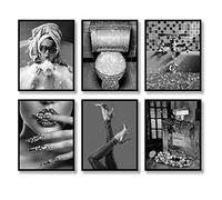 DUODUOZCF Lot de 6 impressions sur toile pour décoration murale de salle de bain - Noir et blanc, glamour à paillettes - Images de toilettes - Œuvre d'art moderne et amusante (noir et blanc, 20,3 x
