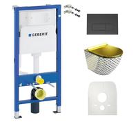 GEBERIT Duofix Basic élément mural+évier Sofi Slim Checked Gold sans bord+abattant WC+panneau Delta 25 bouton noir kit encastré chasse d'eau