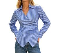 Duohropke Blouse Portefeuille rayée Femme col V ajustée, Chemise boutonnée décontractée Manches Longues, Haut Fluide élégant pour Bureau Quotidien