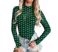Duohropke Body pour femme - Col montant - Manches longues - Combinaison St Patrick - Imprimé trèfle - Pull automne - T-shirt à manches longues - Haut slim élastique - Sous-vêtement, vert, L
