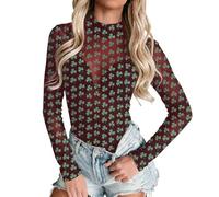 Duohropke Body pour femme - Col montant - Manches longues - Combinaison St Patrick - Imprimé trèfle - Pull automne - T-shirt à manches longues - Haut slim élastique - Sous-vêtement, Bordeaux, S