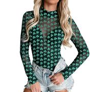 Duohropke Body pour femme - Col montant - Manches longues - Combinaison St Patrick - Imprimé trèfle - Pull automne - T-shirt à manches longues - Haut slim élastique - Sous-vêtement, Noir , L