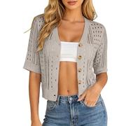 Duohropke Boléro en crochet pour femme avec cordon de serrage sur le devant et ouvert sur le devant, cardigan court pour occasions festives et tenues décontractées, beige, S