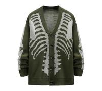Duohropke Cardigan d'Halloween pour femme Squelette Esprit Pull en laine Pull surdimensionné en tricot Tête de mort Sweat-shirt Col en V Cardigan Boutonné Pull Y2K Vintage Streetwear, vert, XL