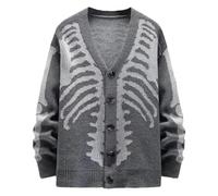 Duohropke Cardigan d'Halloween pour femme Squelette Esprit Pull en laine Pull surdimensionné en tricot Tête de mort Sweat-shirt Col en V Cardigan Boutonné Pull Y2K Vintage Streetwear, gris, L
