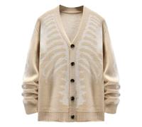 Duohropke Cardigan d'Halloween pour femme Squelette Esprit Pull en laine Pull surdimensionné en tricot Tête de mort Sweat-shirt Col en V Cardigan Boutonné Pull Y2K Vintage Streetwear, beige, XXL