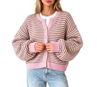 Duohropke Cardigan rayé à boutons pour femme - Pull en tricot ample - Col en V - Rayures - Manches longues - Décontracté - Automne - Élégant - Court - Léger - Ouvert sur le devant, 01 rose., XXL