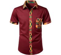 Duohropke Chemise longue pour homme Imprimé Afrique Chemises à manches longues T-shirt basique Coupe ajustée Bouton Chemisier Top Noblesse Africaine Vêtements, 01 Wine, L