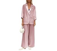 Duohropke Combinaison élégante 2 pièces en lin pour femme - Tenue festive - Sportif - Tenue d'affaires ouverte sur le devant - Manches longues - Blazer de bureau et pantalon long - 2 pièces - Coupe