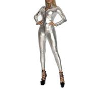 Duohropke Combinaison intégrale brillante en métal pour femme avec fermeture éclair, coupe ajustée, Catsuit, costume de carnaval, Argent (Silver), XL
