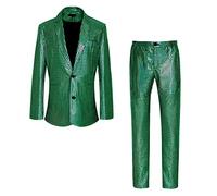 Duohropke Costume 2 pièces pour homme à paillettes métallisées - Tenue disco des années 70 - Costume de bal, vert, L