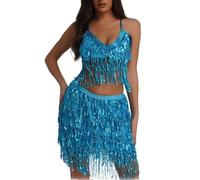 Duohropke Costume de carnaval pour femme - Costume de danse du ventre - Ensemble de jupe à paillettes sexy - Dos nu - Haut foulard - Jupe à franges - Club Latin Belly Dance Rave