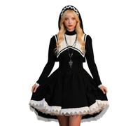 Duohropke Costume de nonne pour femme - Costume d'Halloween sexy effrayant - Robe gothique médiévale - Tenue de vicaire religieuse avec cagoule - Cosplay - Déguisement de vampire zombie