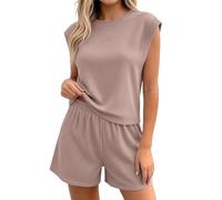 Duohropke Ensemble 2 pièces pour femme - Élégant - Couleur unie - Débardeur et short - 2 pièces - Côtelé - Pour la plage - Survêtement de sport léger - Survêtement de loisirs - Survêtement de jogging