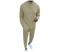 Duohropke Ensemble 2 pièces pour homme - Couleur unie - Manches longues - Bouton Down - T-shirt et pantalon en lin - Chemise d'été tendance - Pantalon de plage fin - Baggy - Combinaison de sport