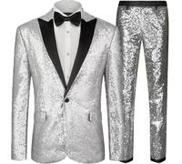 Duohropke Ensemble 2 pièces pour homme - Tenue disco à paillettes - Veste et pantalon - Impression à paillettes - Costume pour boule disco - Fête - Carnaval - Costume des années 80 - Blazer d'affaires