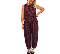 Duohropke Ensemble de pantalons pour femme - Loose - À carreaux - Sans manches - Col rond - Gilet et taille élastique - Pantalon chino Y2k - Tenues vichy confortables - Deux pièces, rouge, L