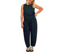 Duohropke Ensemble de pantalons pour femme - Loose - À carreaux - Sans manches - Col rond - Gilet et taille élastique - Pantalon chino Y2k - Tenues vichy confortables - Deux pièces, Vert foncé., L