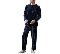 Duohropke Ensemble de Pyjama pour Homme, Hiver Épais et Chaud avec Sangle Bleue Douce en Flanelle, Manches Longues, Vêtements de Nuit