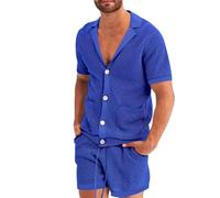 Duohropke Ensemble de pyjama transparent pour homme - En maille - Court - Sexy - Boutonné - Manches courtes - Haut - Boxer d'été - Vêtement de loisirs, bleu, L