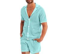 Duohropke Ensemble de pyjama transparent pour homme - En maille - Court - Sexy - Boutonné - Manches courtes - Haut - Boxer d'été - Vêtement de loisirs, bleu clair, XXL