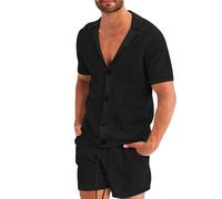 Duohropke Ensemble de pyjama transparent pour homme - En maille - Court - Sexy - Boutonné - Manches courtes - Haut - Boxer d'été - Vêtement de loisirs, Noir , L