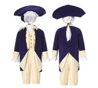 Duohropke George Washington Costume de président pour enfant, costume baroque, costume de carnaval, costume de président américain, 4 pièces, chapeau, col artificiel, gilet et pantalon
